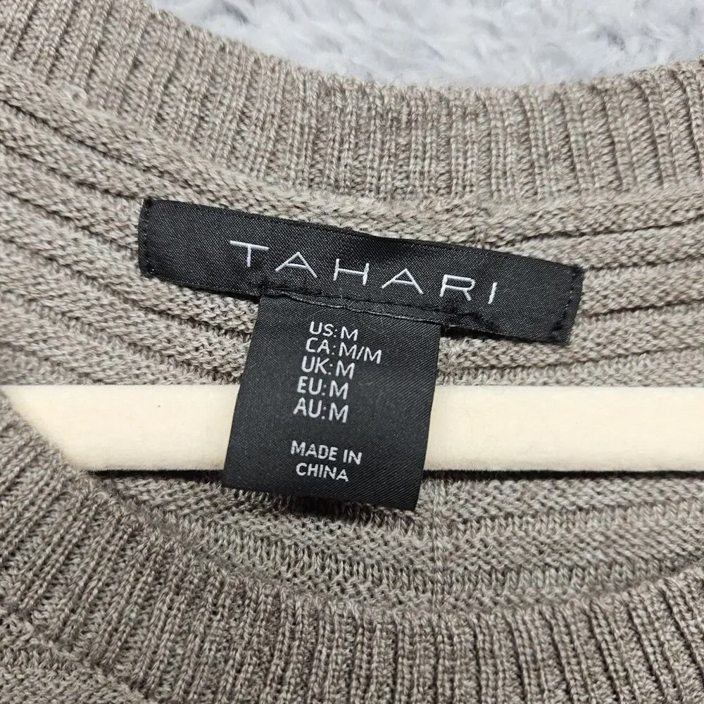 Tahari Womens Brown Ribbed Merino Wool Sweater Button Down Back Size Medium